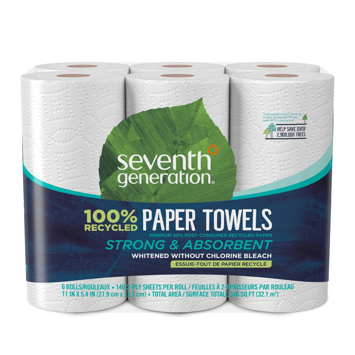 Seventh Generation 100% Recycled Paper Towels, 2 Regular Rolls, 140 2-Ply Sheets (White) Strong & Absorbent Paper towels for Kitchen, Bathroom & Everyday Cleaning, Whitened Without Chlorine Bleach