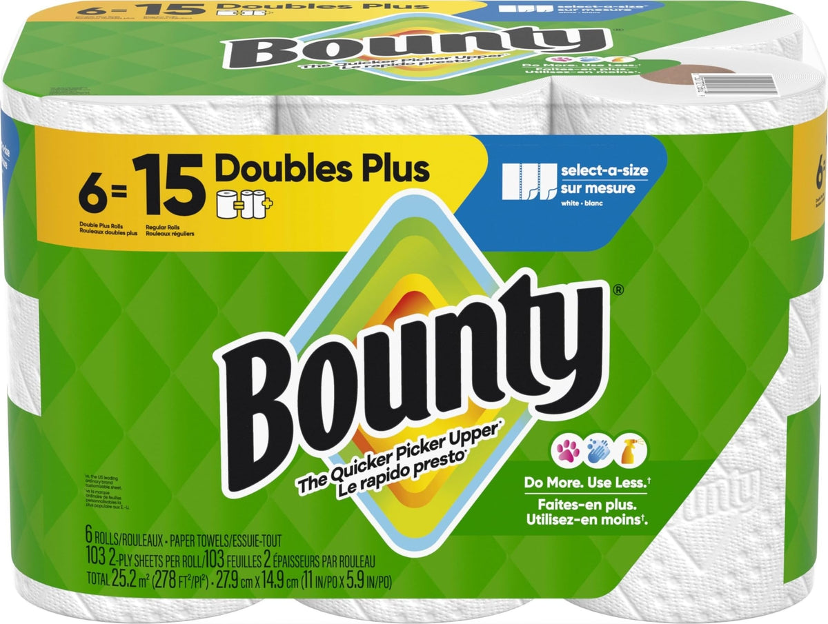 Bounty Paper Towels Select-A-Size, White, 2 Double Plus Rolls = 5 Regular Rolls