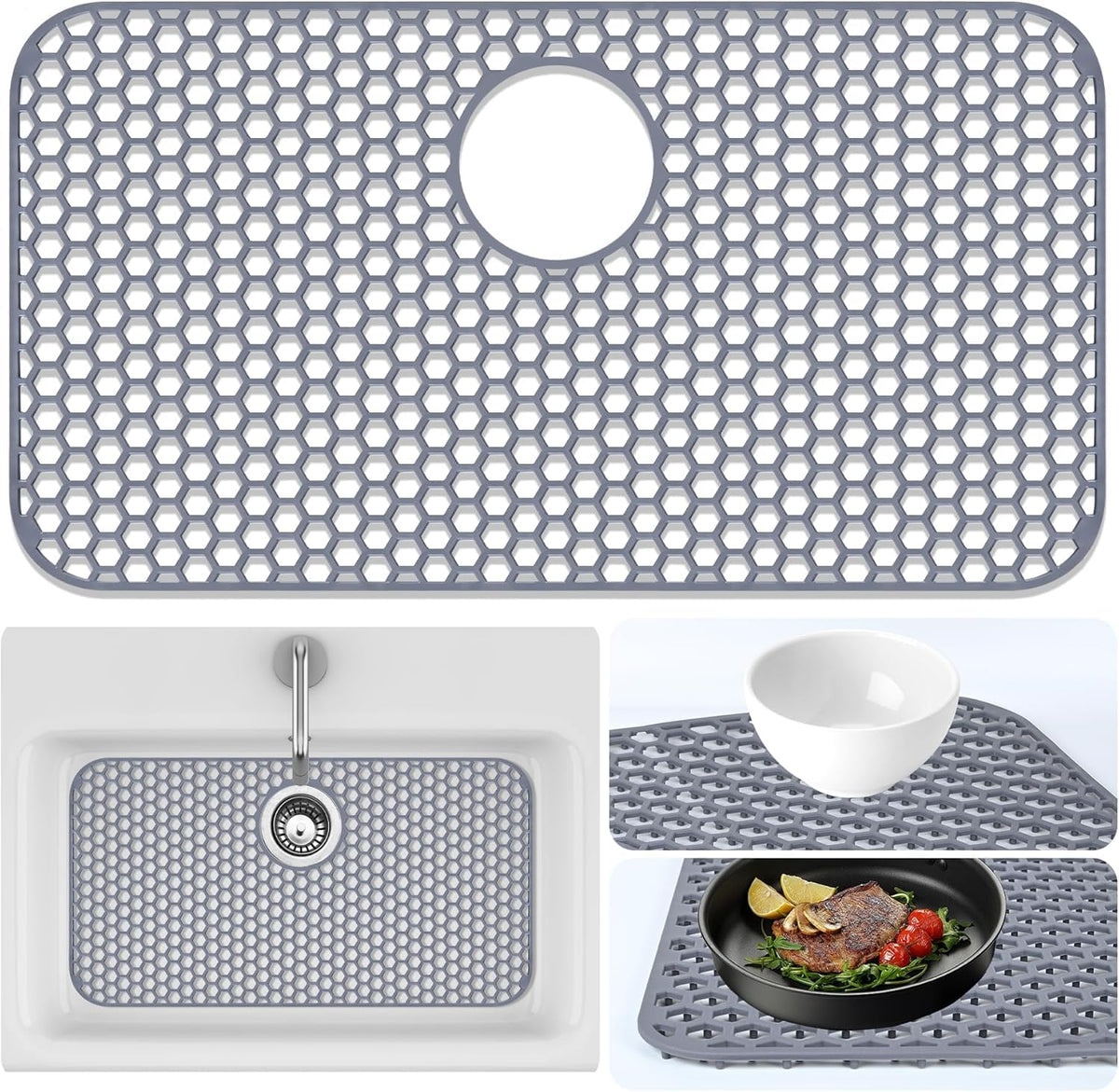Sink Protectors Mat - 25.79"x13.98" Kitchen Sink Pad for Bottom of Basin for Protection of Stainless Steel and Tableware, Farmhouse Rubber Basin Mat Protector with Center Drain - Light Gray