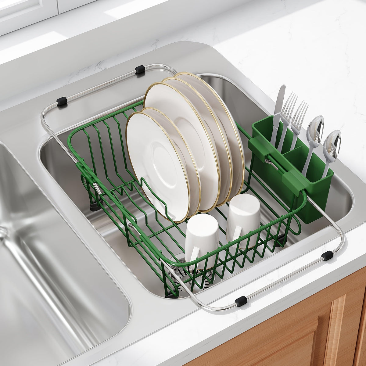 JASIWAY Dish Drying Rack in Sink, Dish Drainer with Cup and Utensil Holder