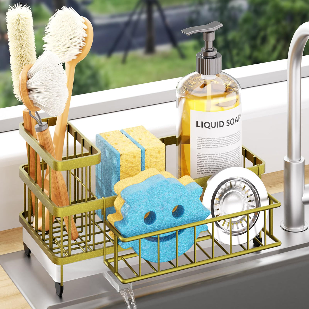 Consumest Sponge Holder for Kitchen Sink - Auto Draining Sink Caddy Organizer with Detachable Rack, High Brush Holder, Kitchen Countertop Storage Accessories, Black
