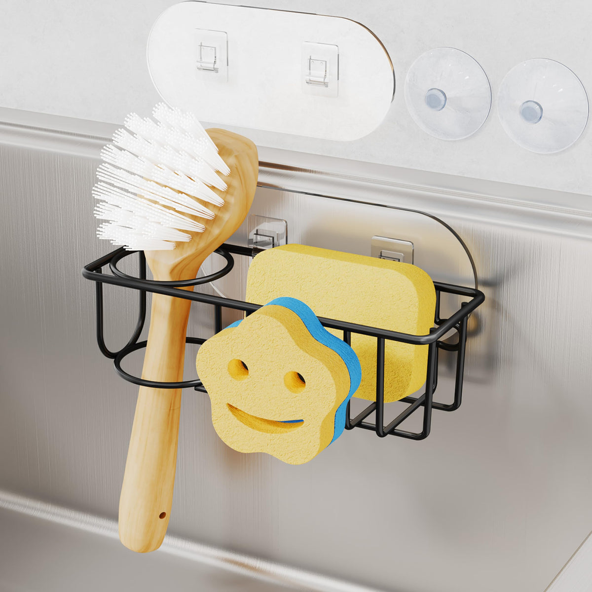 HapiRm 4 in 1 Sink Caddy Sponge Holder, SUS304 Stainless Steel Kitchen Brush Holder and Dish Cloth Hanger, Kitchen Organizers and Storage Essentials - Silver