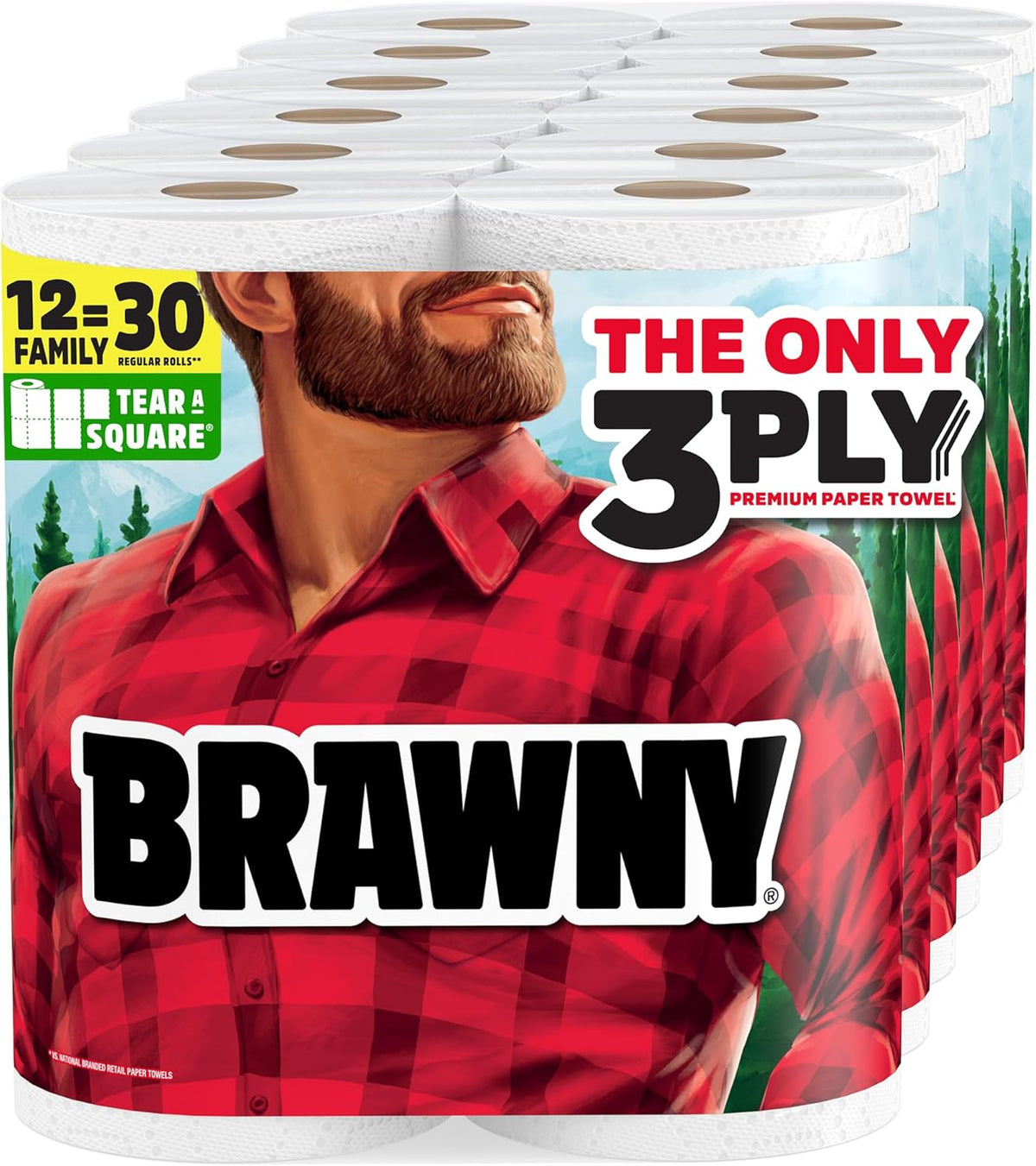 Brawny Tear-A-Square 3-Ply Paper Towels, 12 XL Family Rolls = 30 Regular