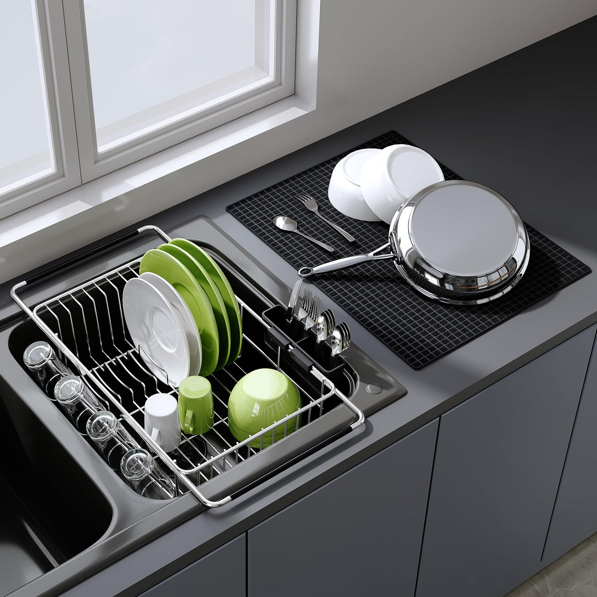 JASIWAY Dish Drying Rack in Sink, Dish Drainer with Cup and Utensil Holder