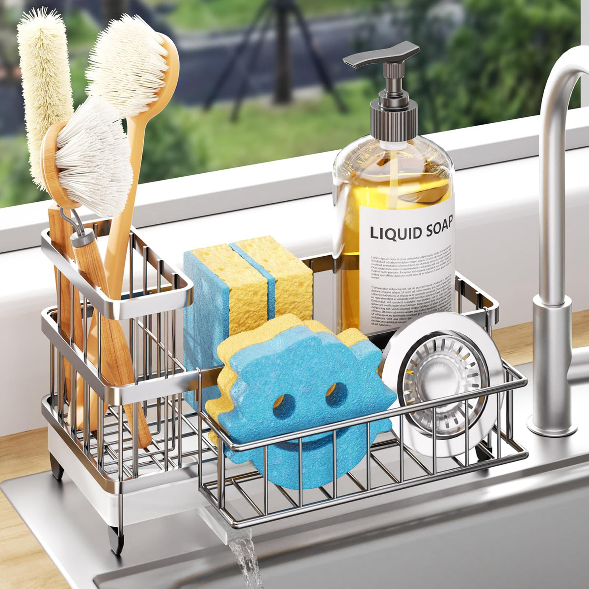 Consumest Sponge Holder for Kitchen Sink - Auto Draining Sink Caddy Organizer with Detachable Rack, High Brush Holder, Kitchen Countertop Storage Accessories, Black
