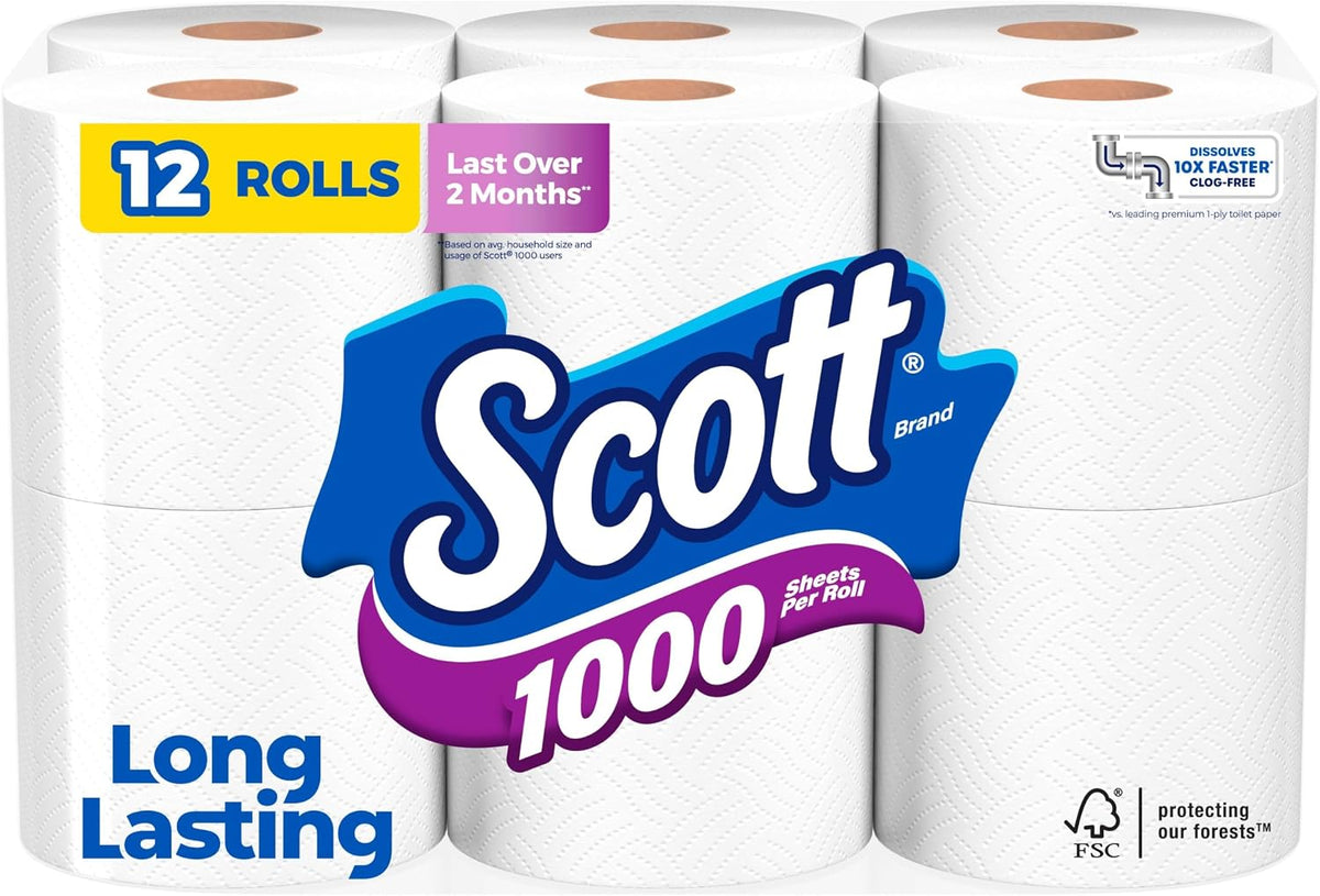 Scott 1000 Sheets Per Roll, 12 Toilet Paper Rolls, Bath Tissue