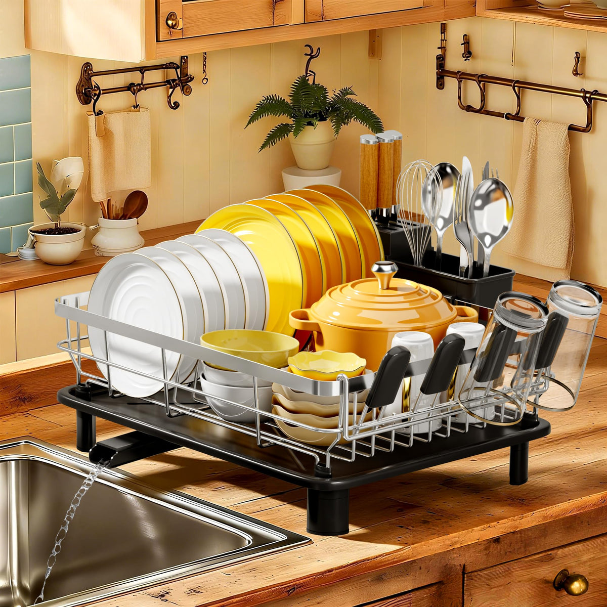 MOUKABAL Dish Drying Rack with Drainboard for Kitchen Counter, Black