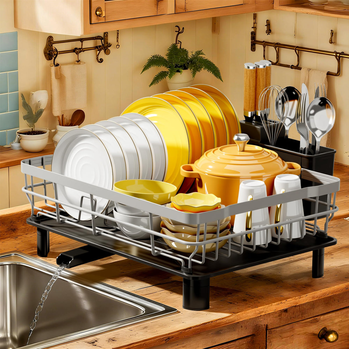 MOUKABAL Dish Drying Rack with Drainboard for Kitchen Counter, Black