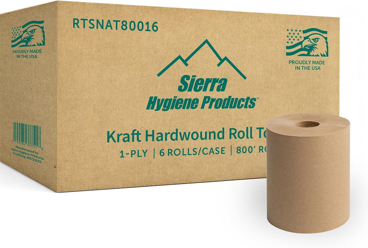 Sierra Hygiene 1-Ply Natural Hardwound Paper Towels, 8" x 800', 6 Rolls