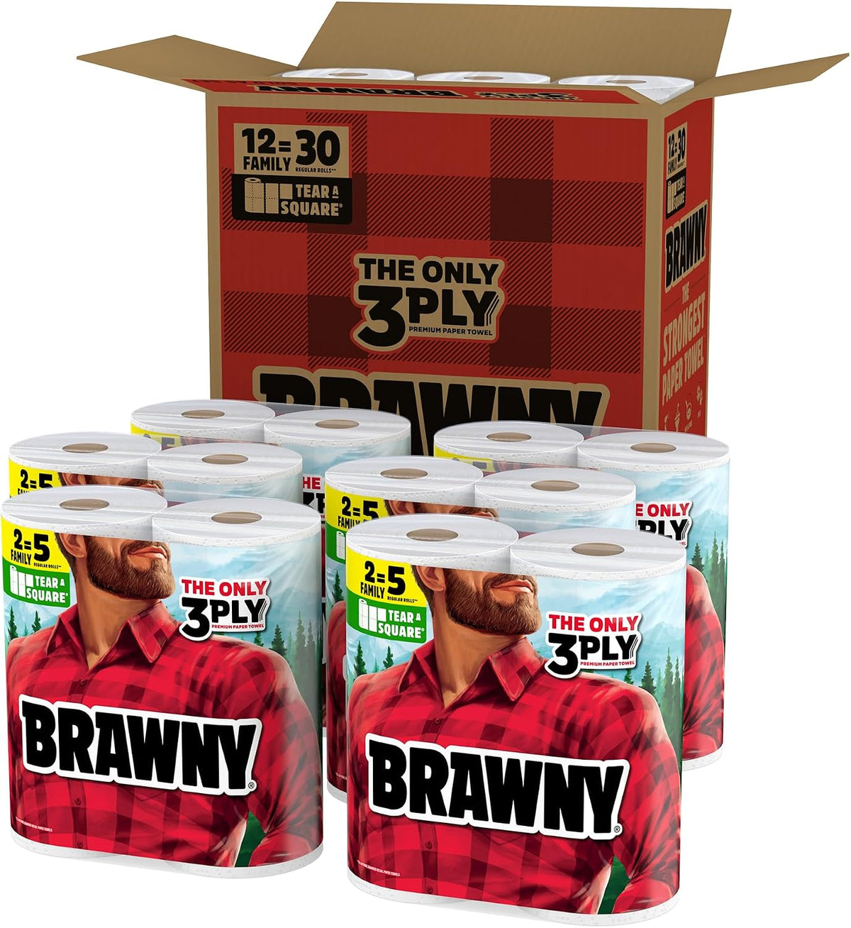 Brawny Tear-A-Square 3-Ply Paper Towels, 12 XL Family Rolls = 30 Regular