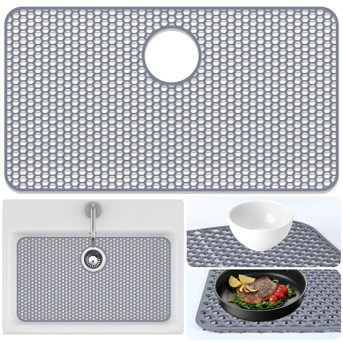 Sink Protectors Mat - 25.79"x13.98" Kitchen Sink Pad for Bottom of Basin for Protection of Stainless Steel and Tableware, Farmhouse Rubber Basin Mat Protector with Center Drain - Light Gray