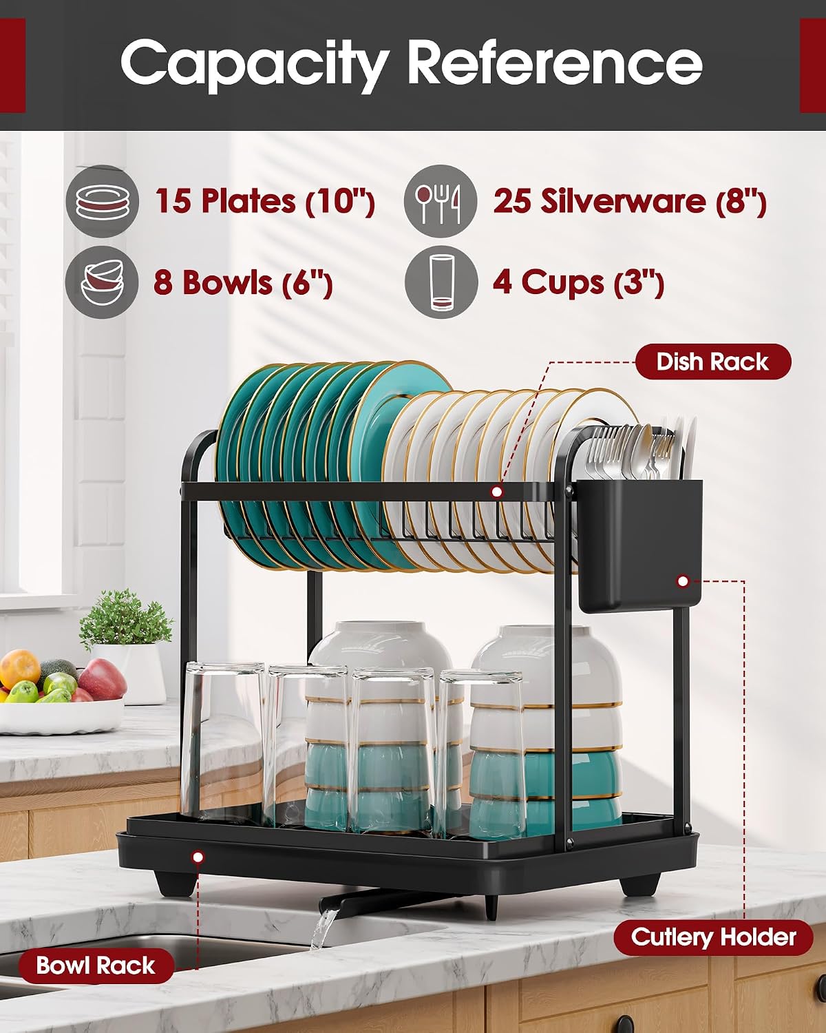 Sakugi 2-Tier Dish Drying Rack - Stainless Steel Dish Rack with Cutlery & Utensil Holders for Kitchen Counter, Sink Organization and Storage for Small Family, 15" W x 11.4" L x 15" H, Black