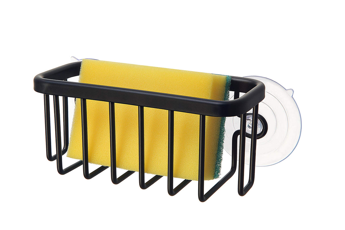 SunnyPoint NeverRust Kitchen & Bathroom Sink Caddy for Sponges, Scrubbers, Soap, 6" x 2.5" x 2.65", with Adhesive Mount - Additional Suction Cup Included –Aluminum (Black)