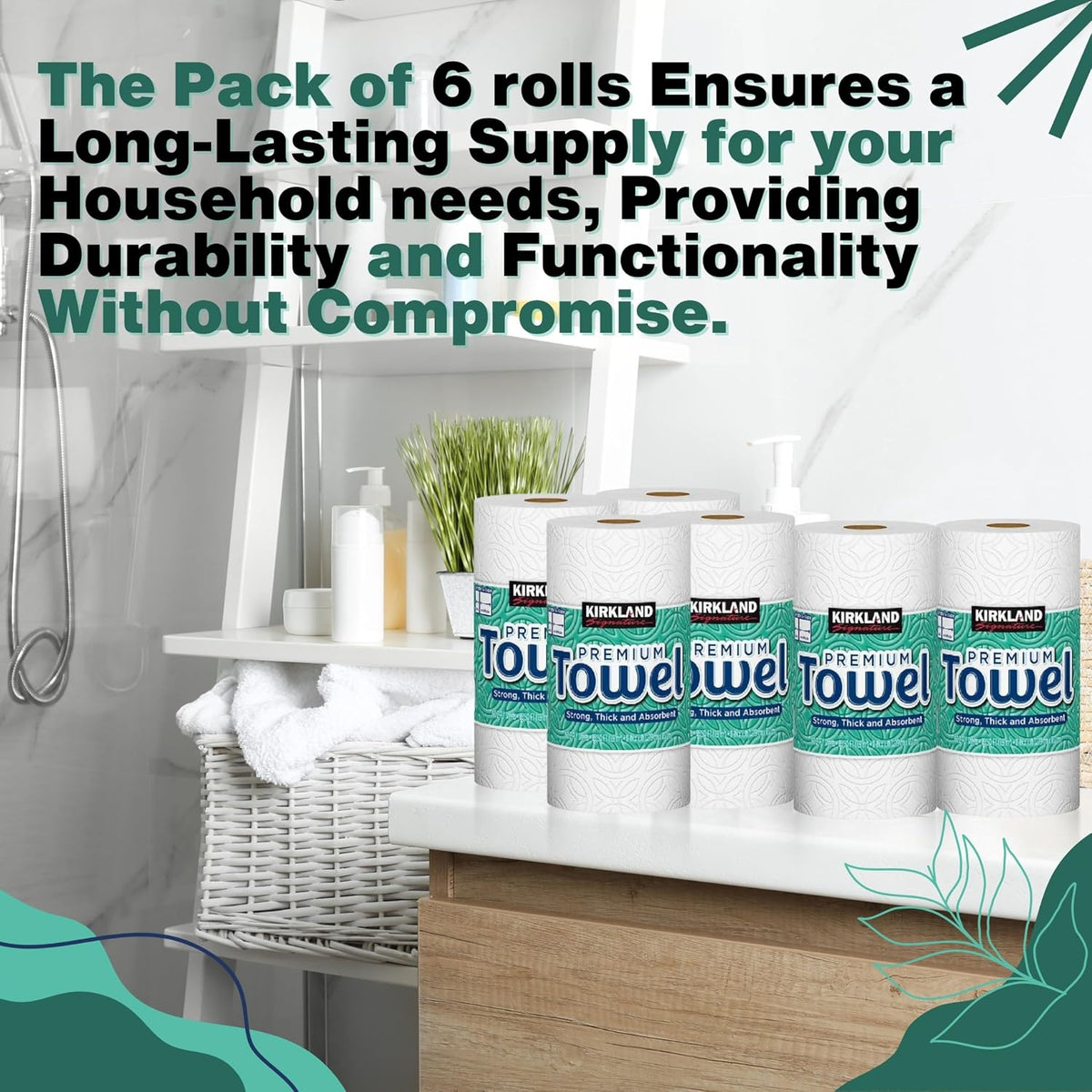 Worldwide Nutrition Bundle, Compatible with Kirkland Premium Paper Towels, Strong, Thick, and Absorbent Bulk Paper Towels 6 Rolls, 160 Sheets Per Roll 2-Ply and Multi-Purpose Key Chain, White