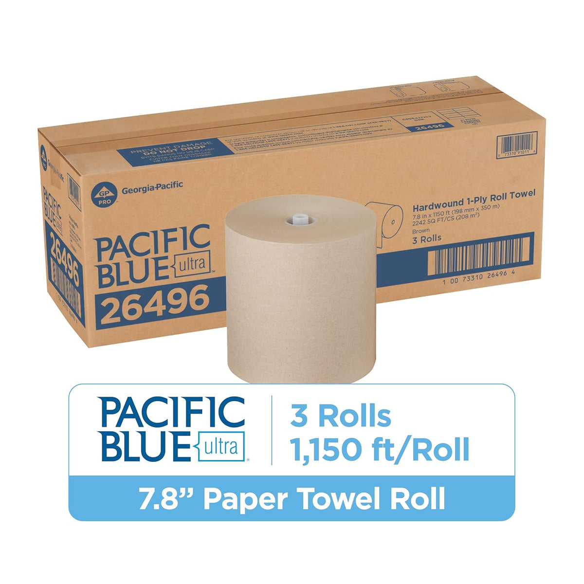 Georgia-Pacific Pacific Blue Ultra 8" High-Capacity Recycled Paper Towel Rolls by GP PRO (Georgia-Pacific); Brown; 26496; 1;150 Linear Feet Per Roll; 3 Rolls Per Case