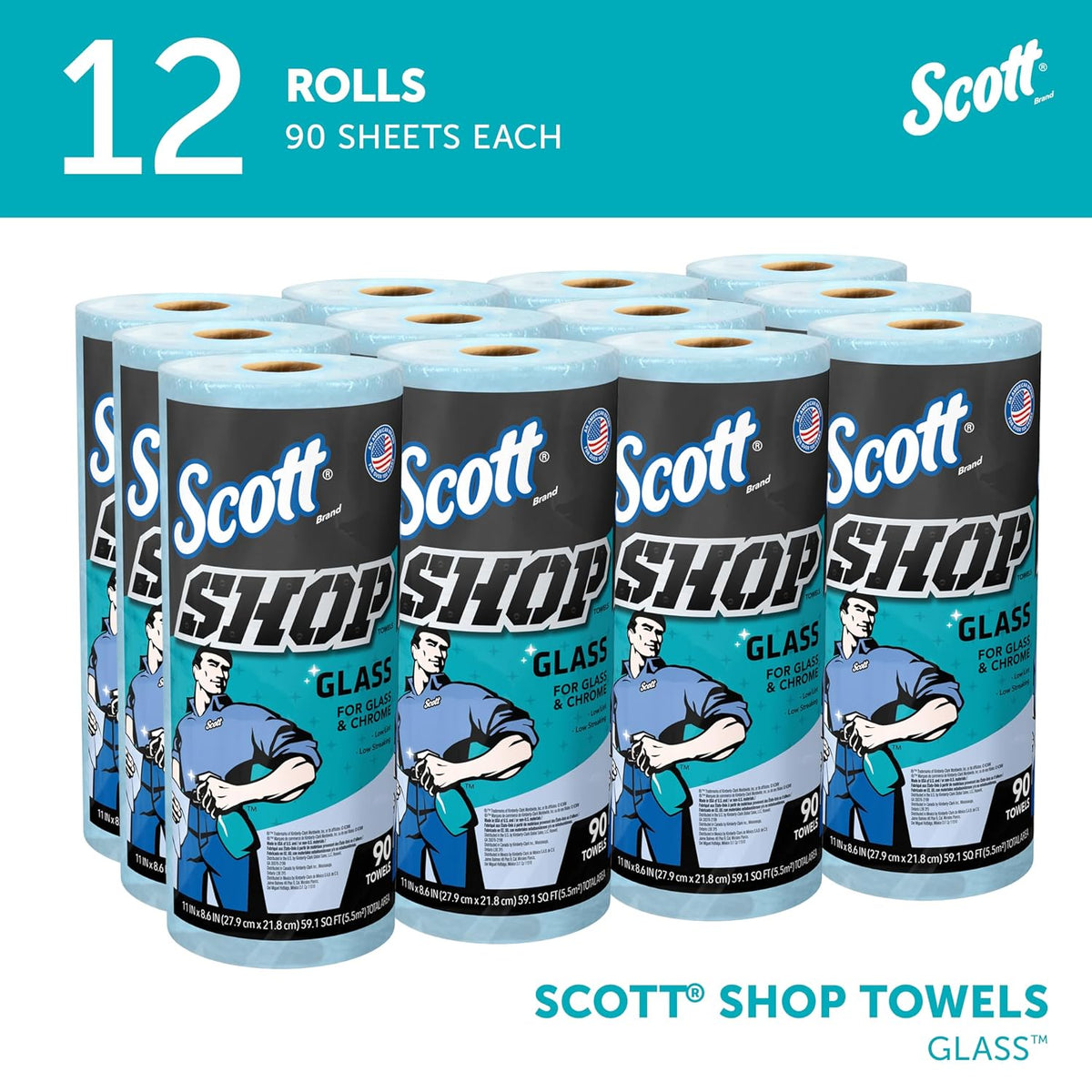 Scott Shop Towels Glass, 90 Towels/Roll, 12 Rolls/Case