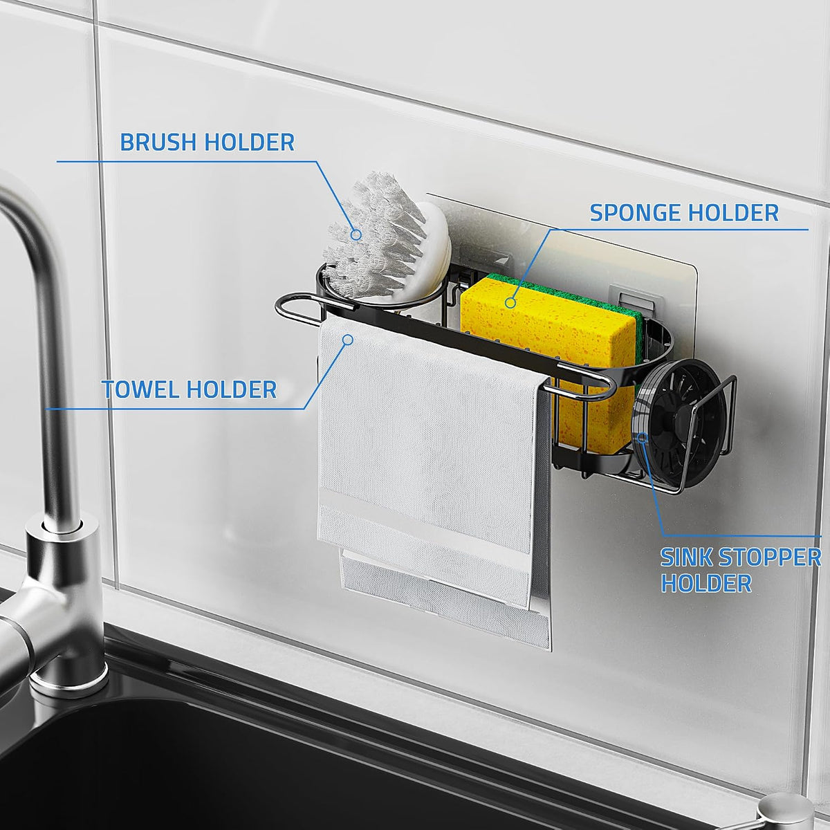 Cisily Kitchen Sponge Holder for Kitchen Sink with 2 Suction Cups/1 Adhesive Strips, Stainless Steel Kitchen Caddy Sink Organizer, Brush Holder, Dish Cloth Hanger, Sink Stopper Holder (Black)