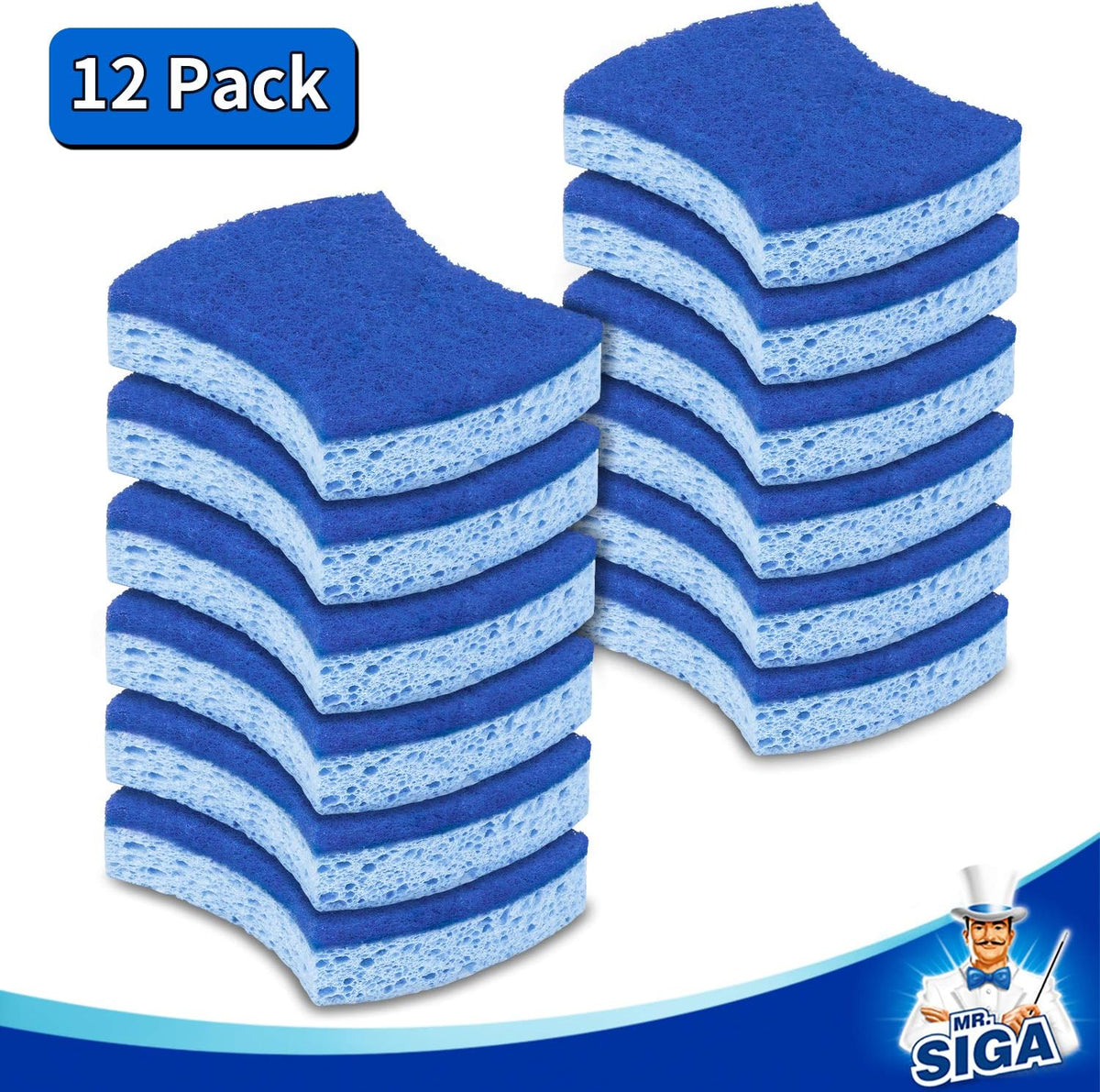 MR.SIGA Non-Scratch Cellulose Scrub Sponge, Dual-Sided Dish Sponge, 12 Pack
