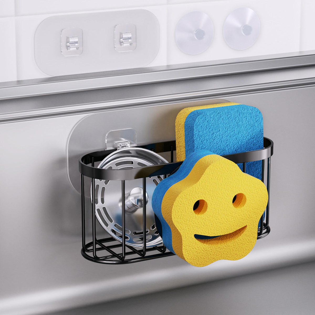 HapiRm Multifunctional Sponge Holder with Unique M-Shaped, 2 Installation Methods Kitchen Sink Caddy Organizer, Rustproof Stainless Steel Kitchen Organizers and Storage Essentials - Black