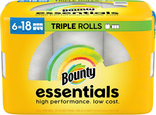 Bounty Essentials Select-A-Size Paper Towels, White, 6 Triple Rolls = 18 Regular Rolls