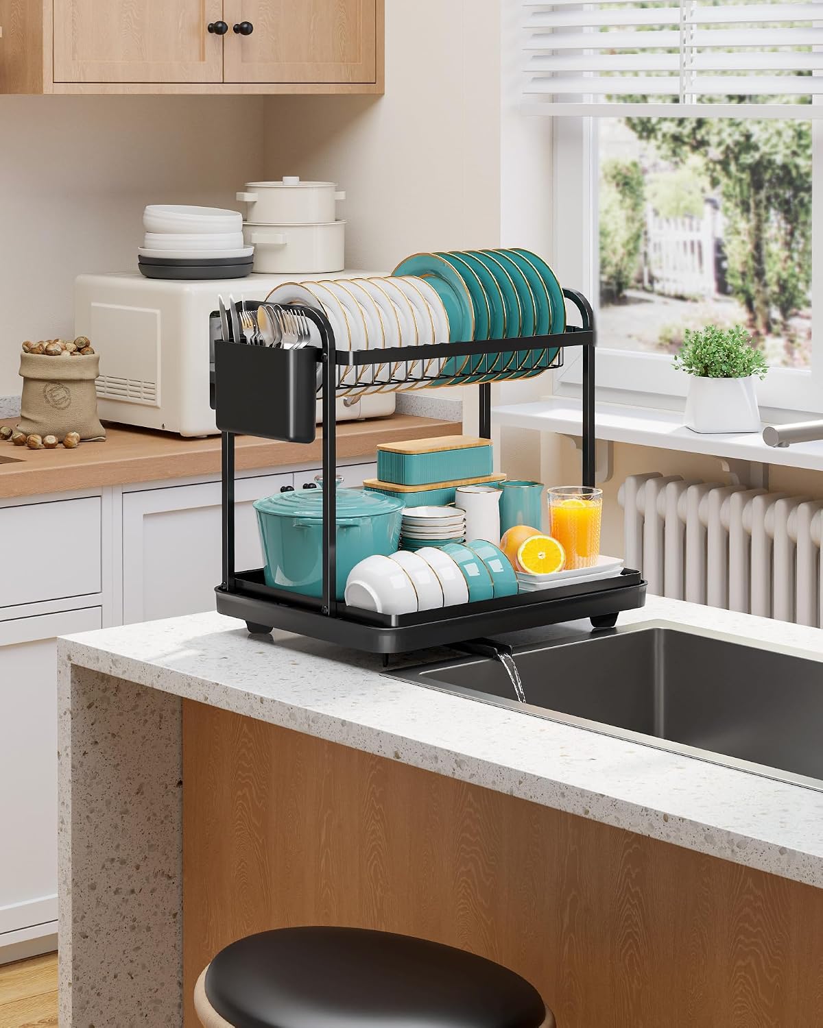 Sakugi 2-Tier Dish Drying Rack - Stainless Steel Dish Rack with Cutlery & Utensil Holders for Kitchen Counter, Sink Organization and Storage for Small Family, 15" W x 11.4" L x 15" H, Black