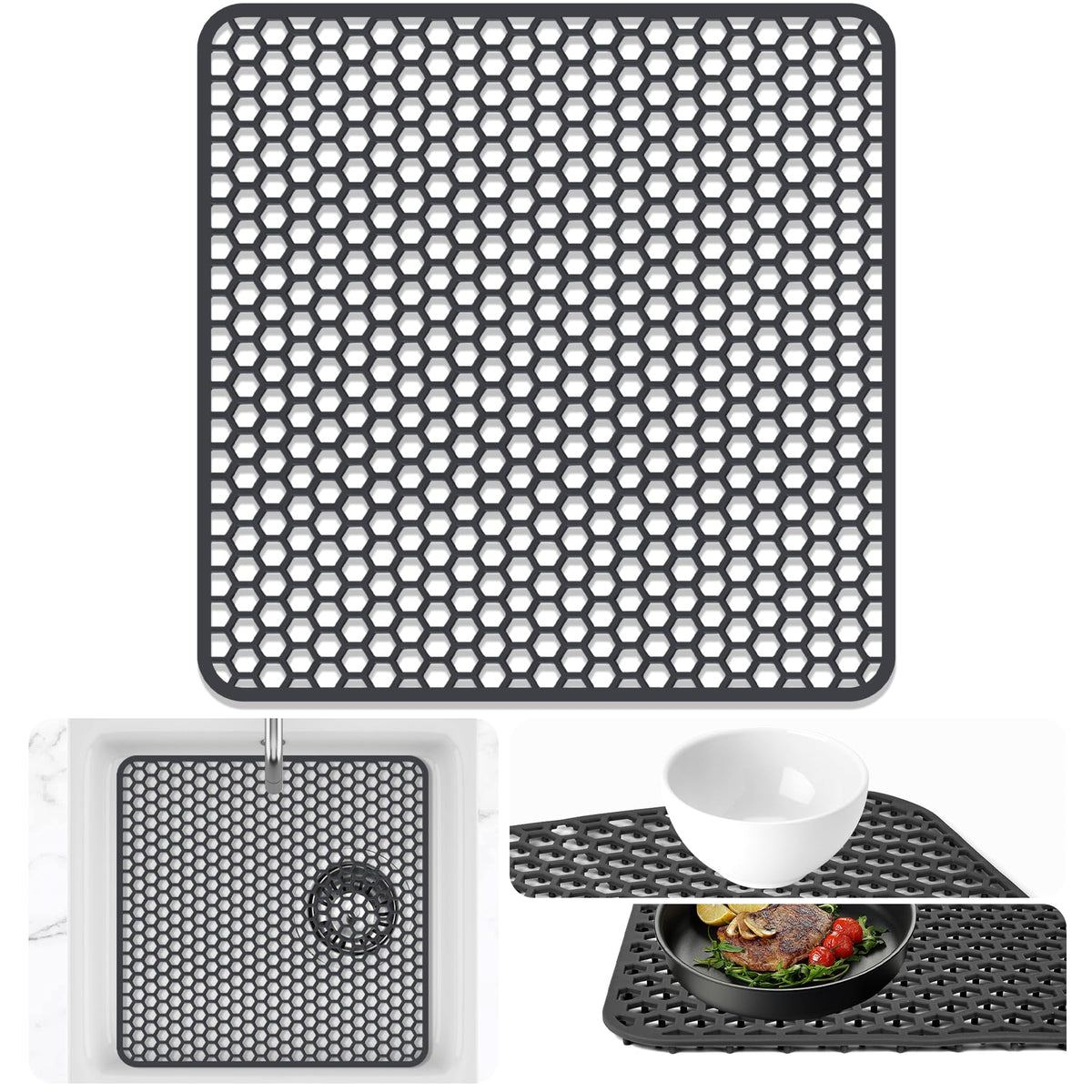 Sink Protectors Mat - 25.79"x13.98" Kitchen Sink Pad for Bottom of Basin for Protection of Stainless Steel and Tableware, Farmhouse Rubber Basin Mat Protector with Center Drain - Light Gray