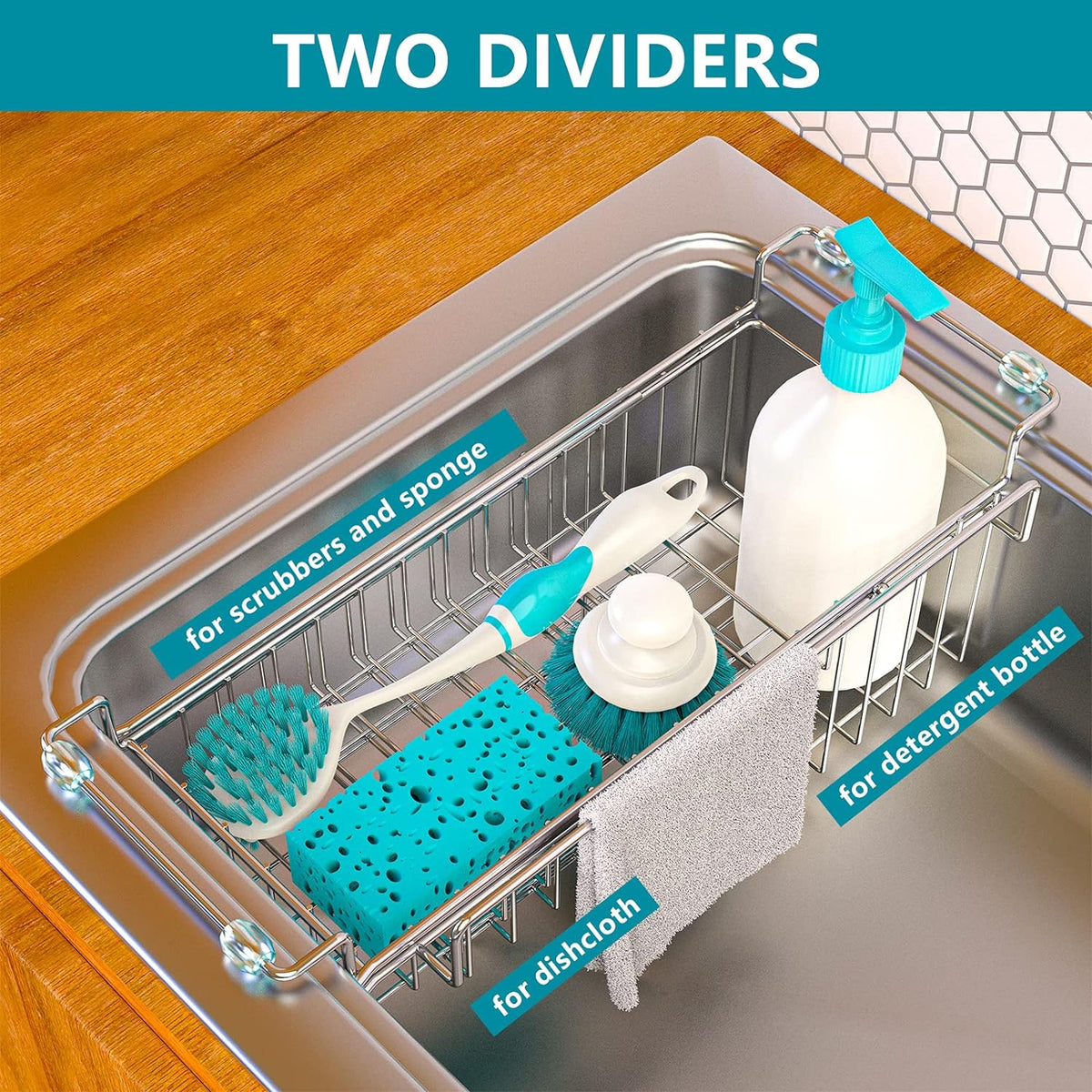 Over the Sink Caddy, Expandable Stainless Steel Sponge Holder for Kitchen Sink, 14.5-22 in Sink Organizer Rack for Sponge, Soap, Brush, Dish Cloth and Rag, Rust-Resistant Drying Holder