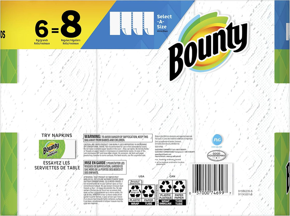 Bounty Select-A-Size Paper Towels, White, Big Rolls, 6 Count of 74 Sheets Per Roll, 6 Count (Pack of 1)