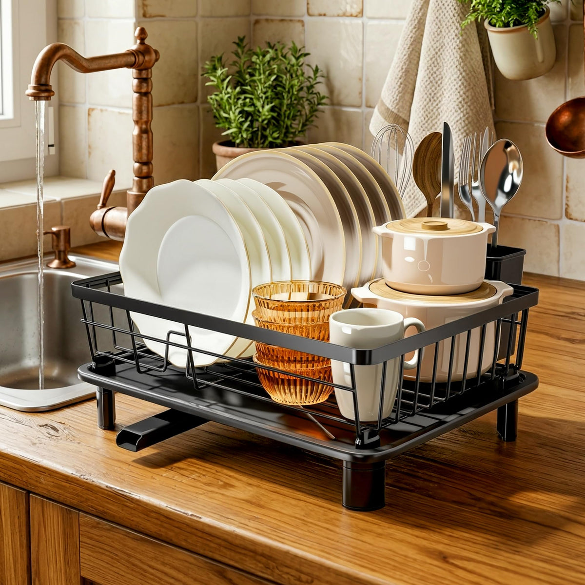MOUKABAL Dish Drying Rack with Drainboard for Kitchen Counter, Black