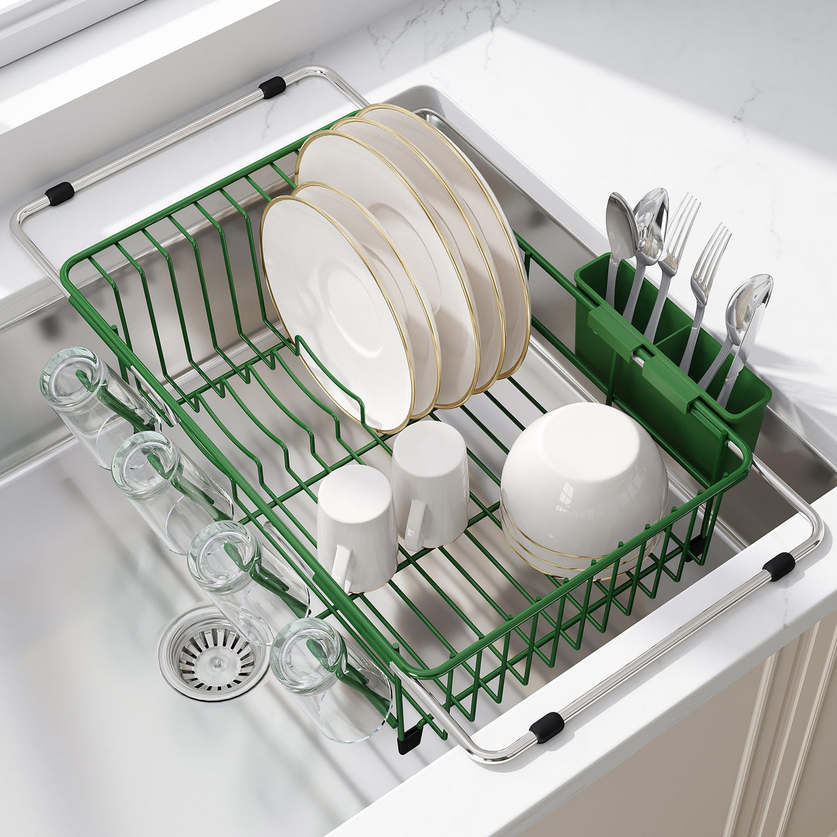 JASIWAY Dish Drying Rack in Sink, Dish Drainer with Cup and Utensil Holder