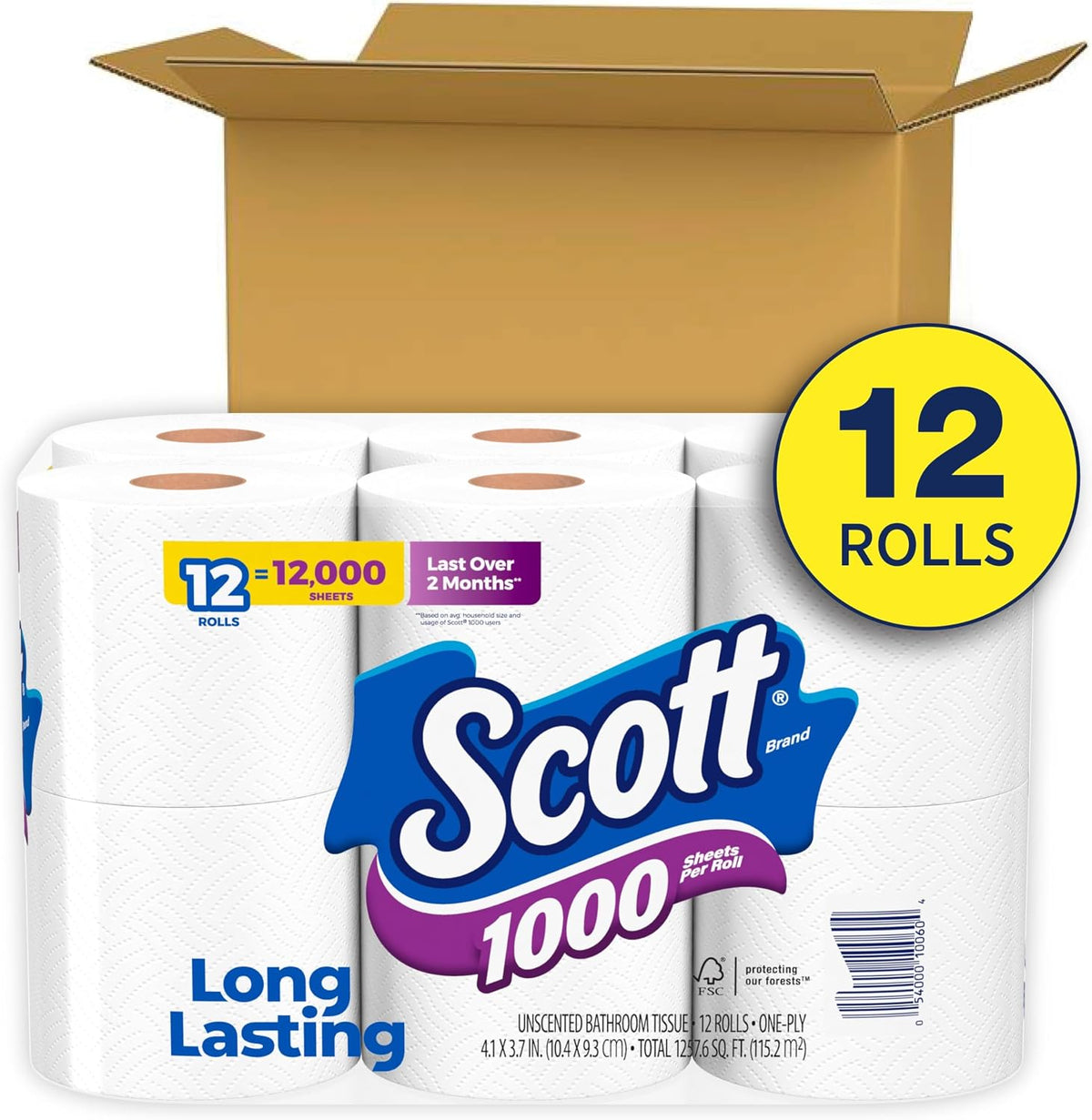 Scott 1000 Sheets Per Roll, 12 Toilet Paper Rolls, Bath Tissue