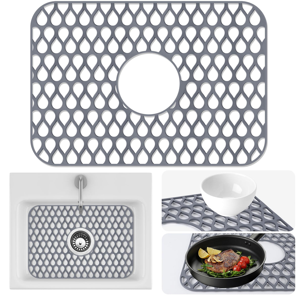 Sink Protectors Mat - 25.79"x13.98" Kitchen Sink Pad for Bottom of Basin for Protection of Stainless Steel and Tableware, Farmhouse Rubber Basin Mat Protector with Center Drain - Light Gray