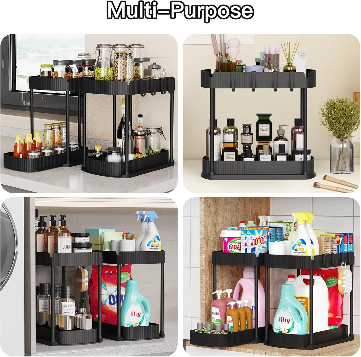 2 Packs Under Sink Pull-Out Storage Organizers, 12.8 Inches, Black