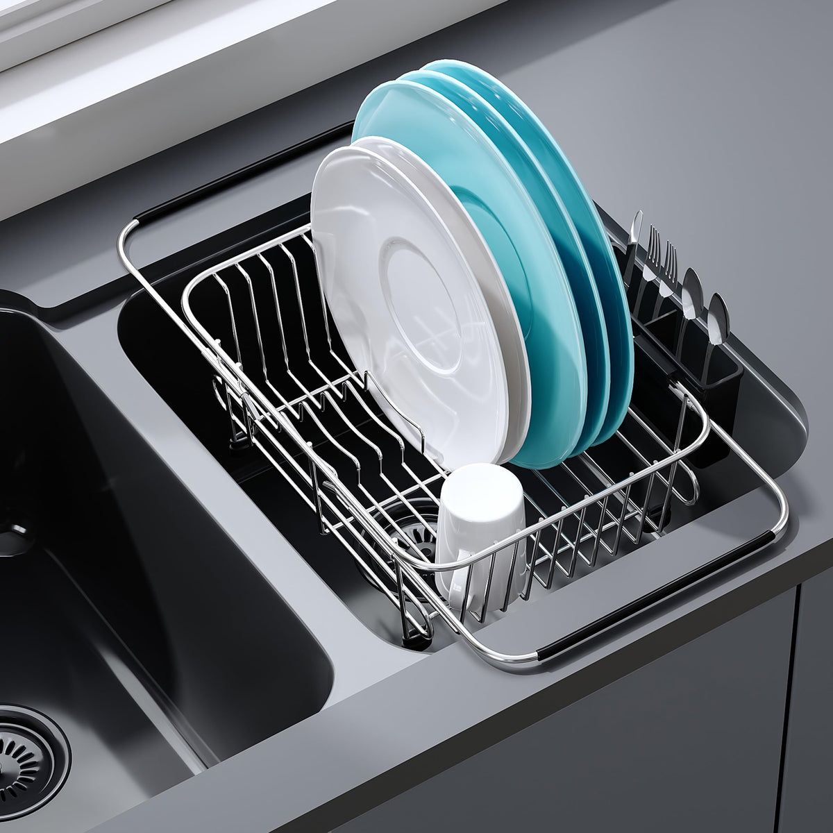 JASIWAY Dish Drying Rack in Sink, Dish Drainer with Cup and Utensil Holder