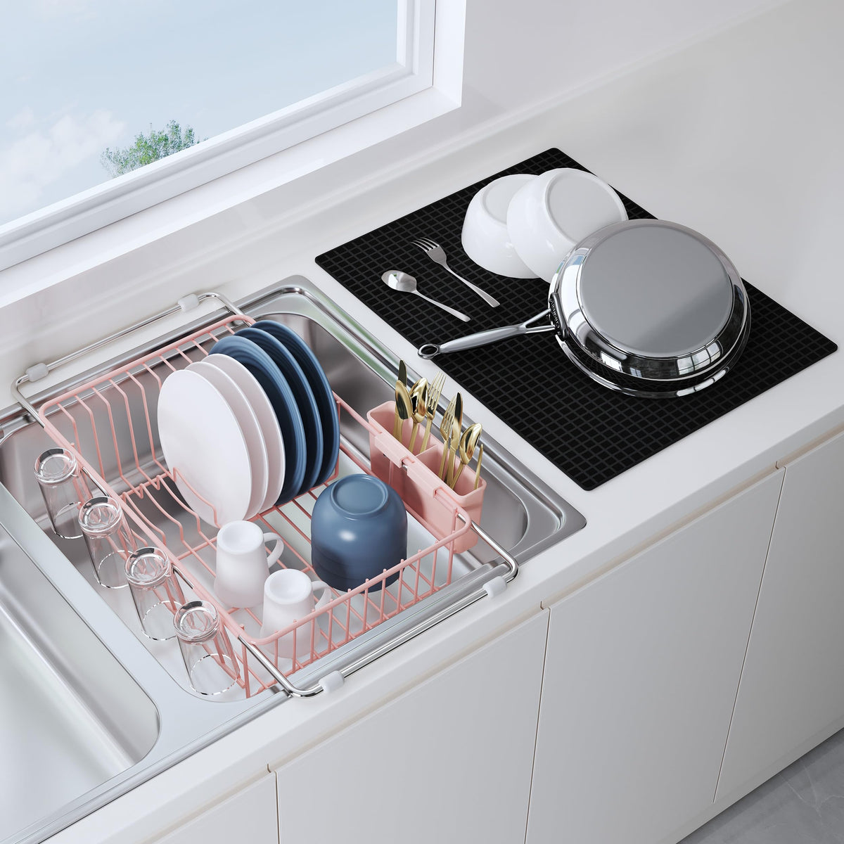 JASIWAY Dish Drying Rack in Sink, Dish Drainer with Cup and Utensil Holder