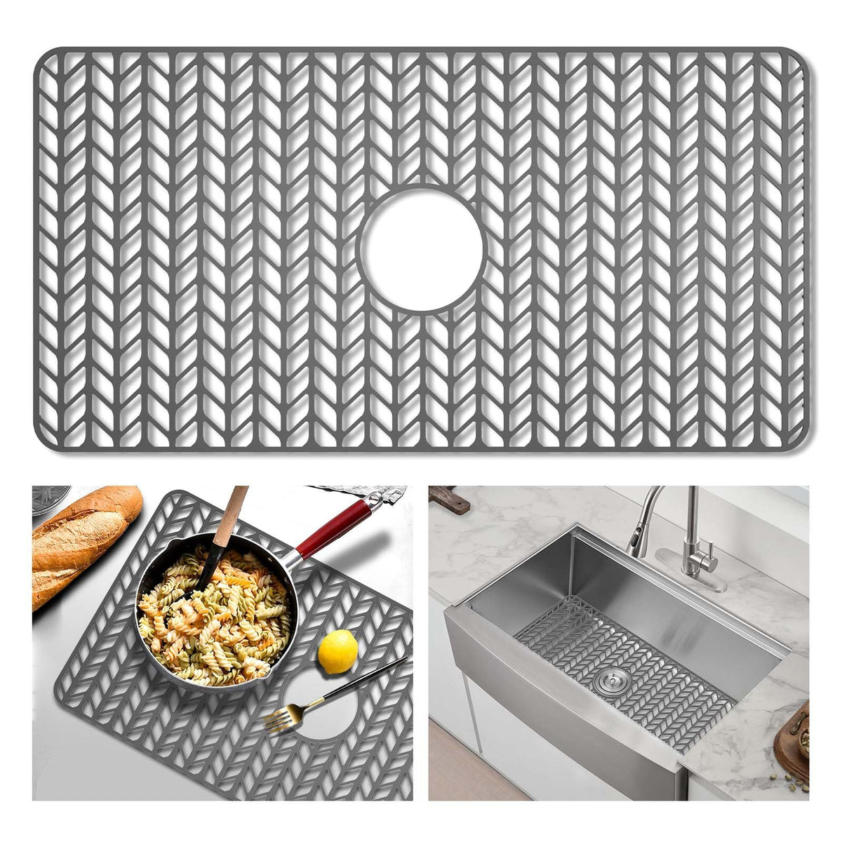 GUUKIN Sink Protectors for Kitchen Sink, 26''x 14'' Silicone Kitchen Sink Mat Grid for Bottom of Farmhouse Stainless Steel Porcelain Sink with Rear Drain (Grey)