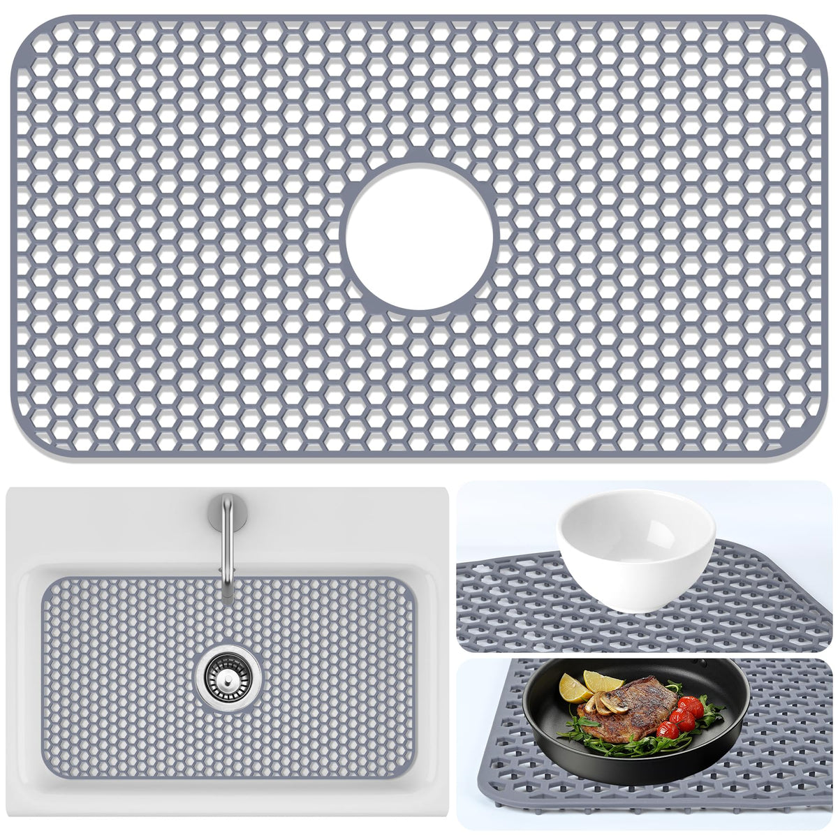 Sink Protectors Mat - 25.79"x13.98" Kitchen Sink Pad for Bottom of Basin for Protection of Stainless Steel and Tableware, Farmhouse Rubber Basin Mat Protector with Center Drain - Light Gray