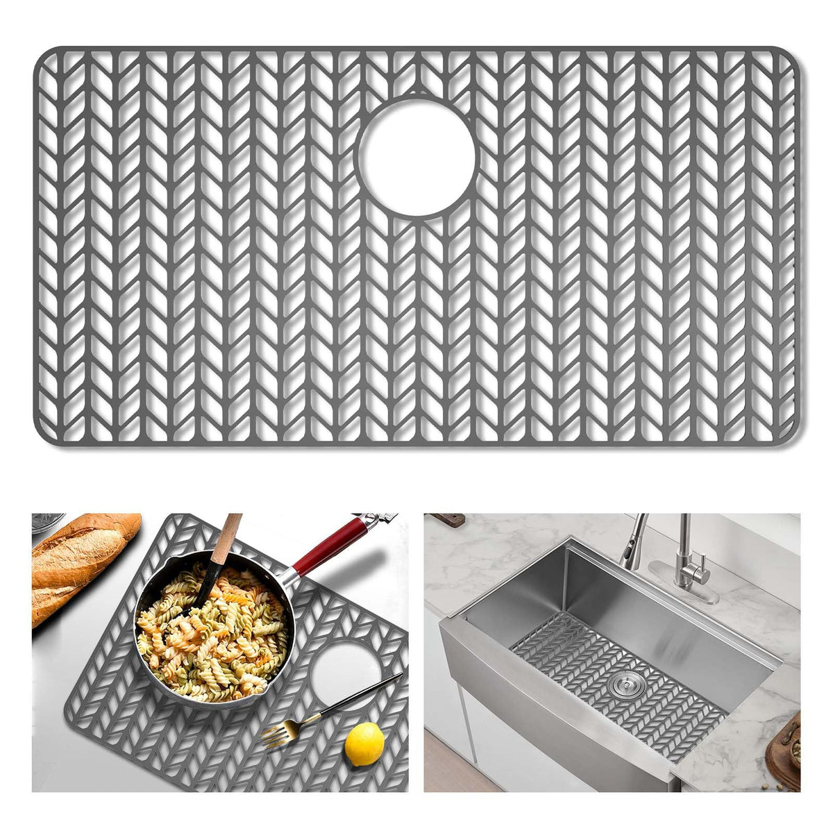 GUUKIN Sink Protectors for Kitchen Sink, 26''x 14'' Silicone Kitchen Sink Mat Grid for Bottom of Farmhouse Stainless Steel Porcelain Sink with Rear Drain (Grey)