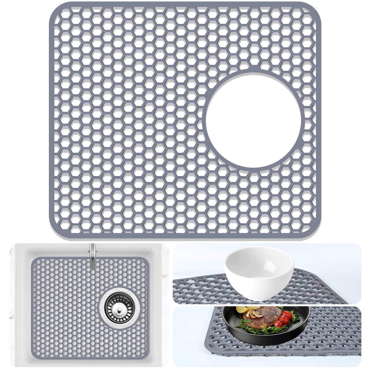 Sink Protectors Mat - 25.79"x13.98" Kitchen Sink Pad for Bottom of Basin for Protection of Stainless Steel and Tableware, Farmhouse Rubber Basin Mat Protector with Center Drain - Light Gray