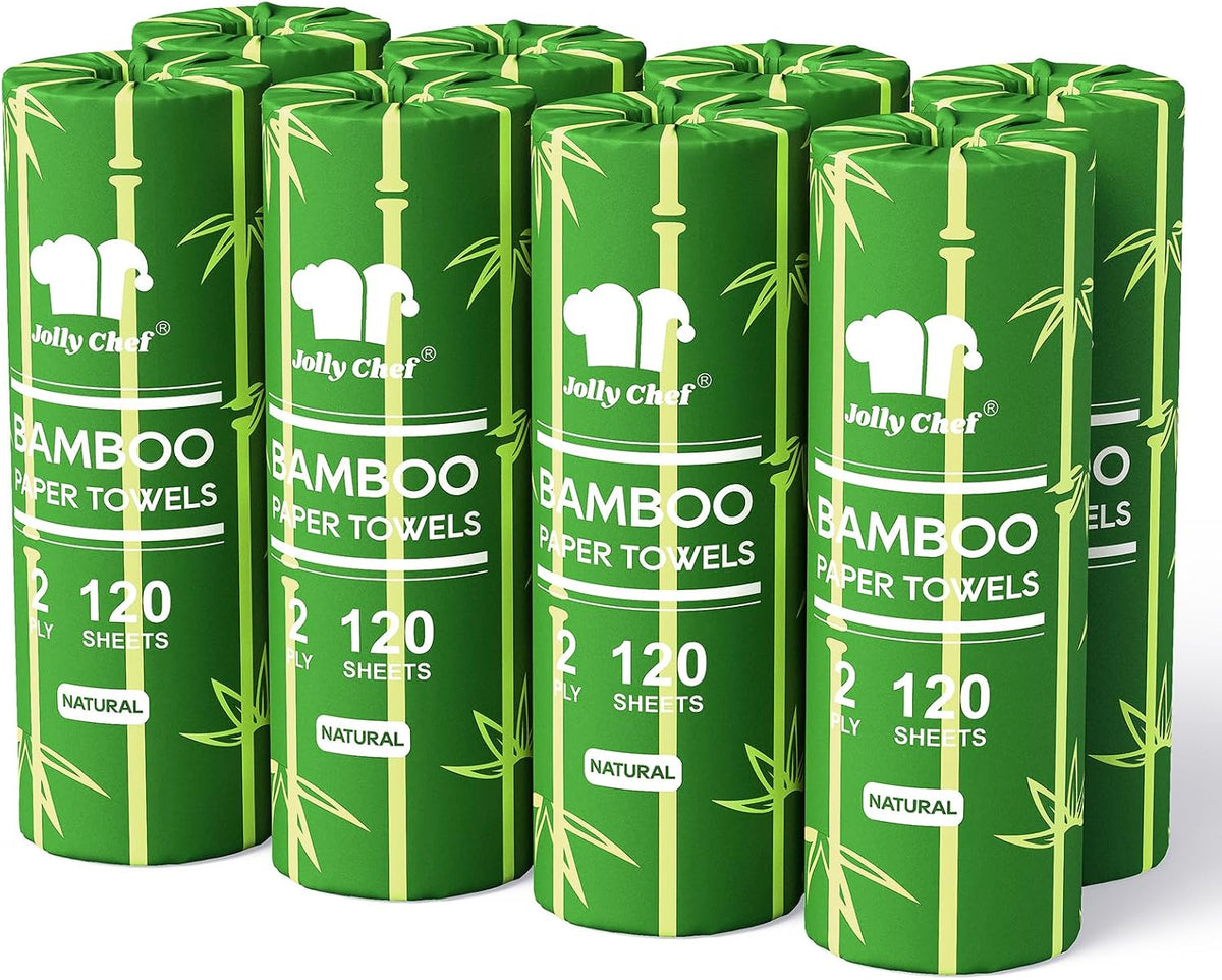 JOLLY CHEF Bamboo Paper Towels, 8 Rolls, 2 Ply, 120 Sheets, Natural Brown