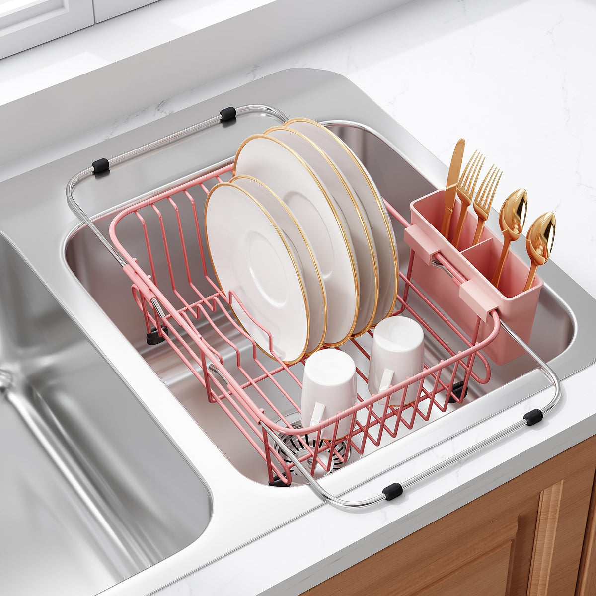 JASIWAY Dish Drying Rack in Sink, Dish Drainer with Cup and Utensil Holder
