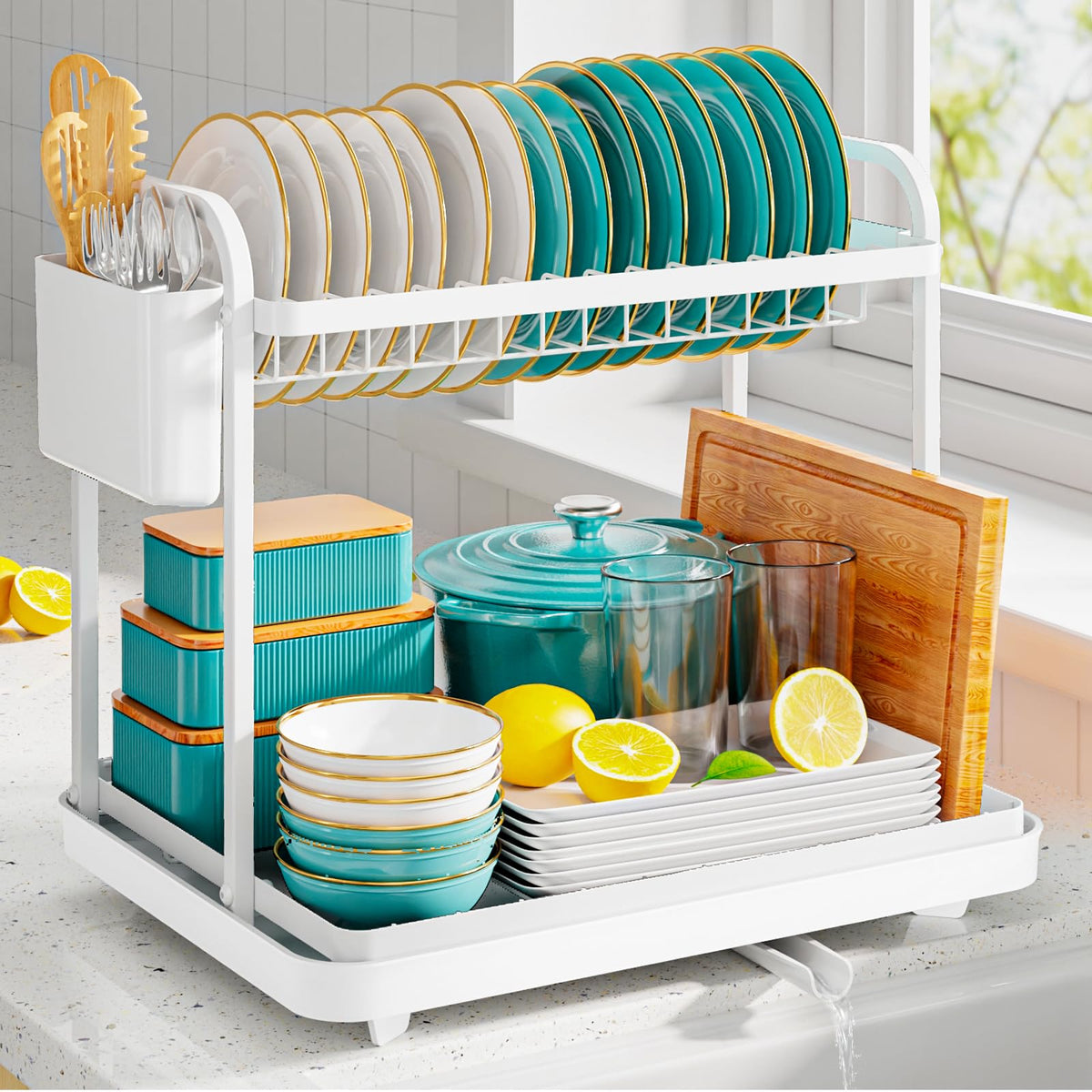 Sakugi 2-Tier Dish Drying Rack - Stainless Steel Dish Rack with Cutlery & Utensil Holders for Kitchen Counter, Sink Organization and Storage for Small Family, 15" W x 11.4" L x 15" H, Black