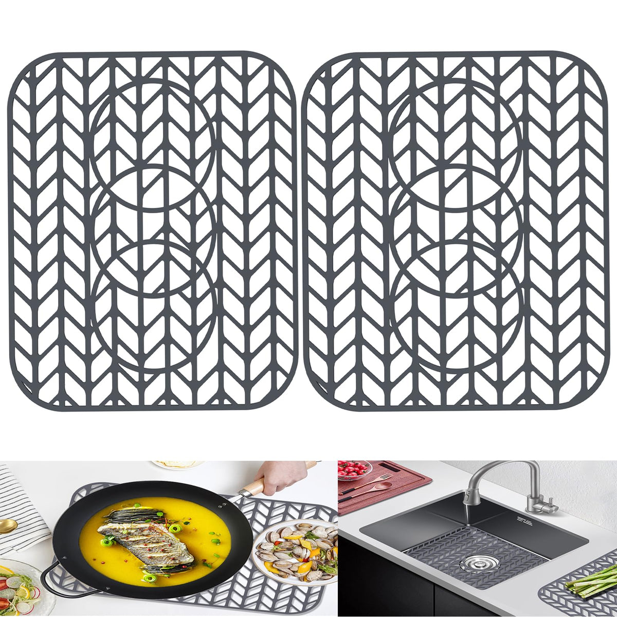 AWOKE Silicone Sink Protectors for Kitchen Sink, 12" x 11" Mat for bottom of sink, Center Drain Hole, Protect from Stains, Scratches, Dishwasher Safe Grid for Kitchen (2 Pack, Gray)