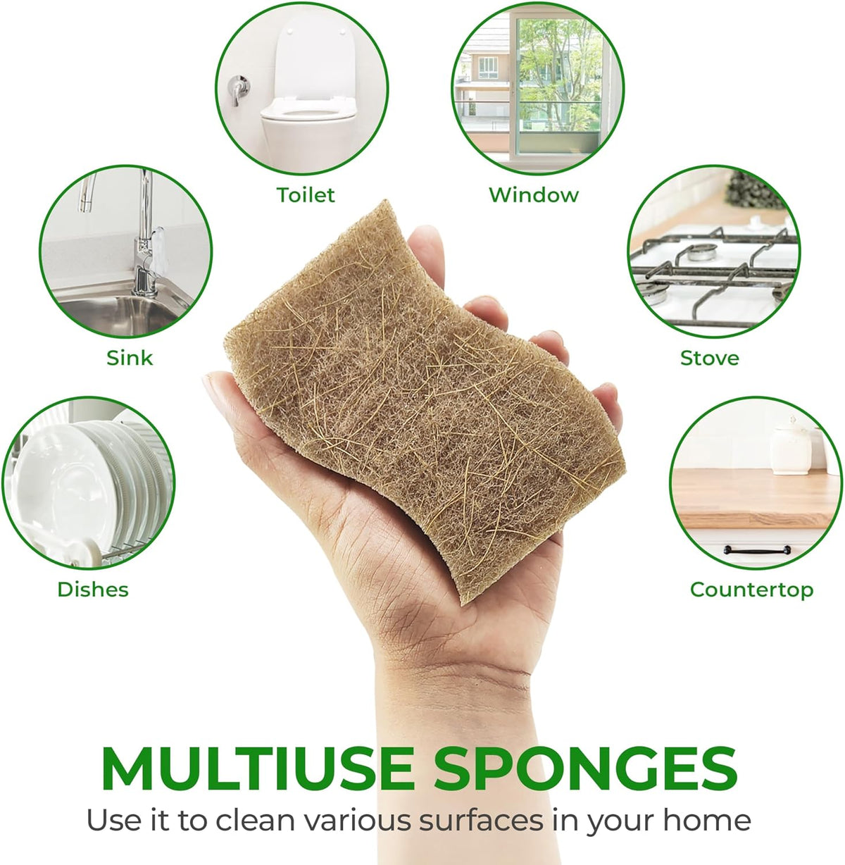 AIRNEX Natural Kitchen Sponges (12 Pack) - Biodegradable Cellulose & Coconut Scrubber Dish Sponges for Kitchen - Eco-Friendly, Non Scratch, Compostable, Non Toxic S-Shaped Natural Sponges for Dishes