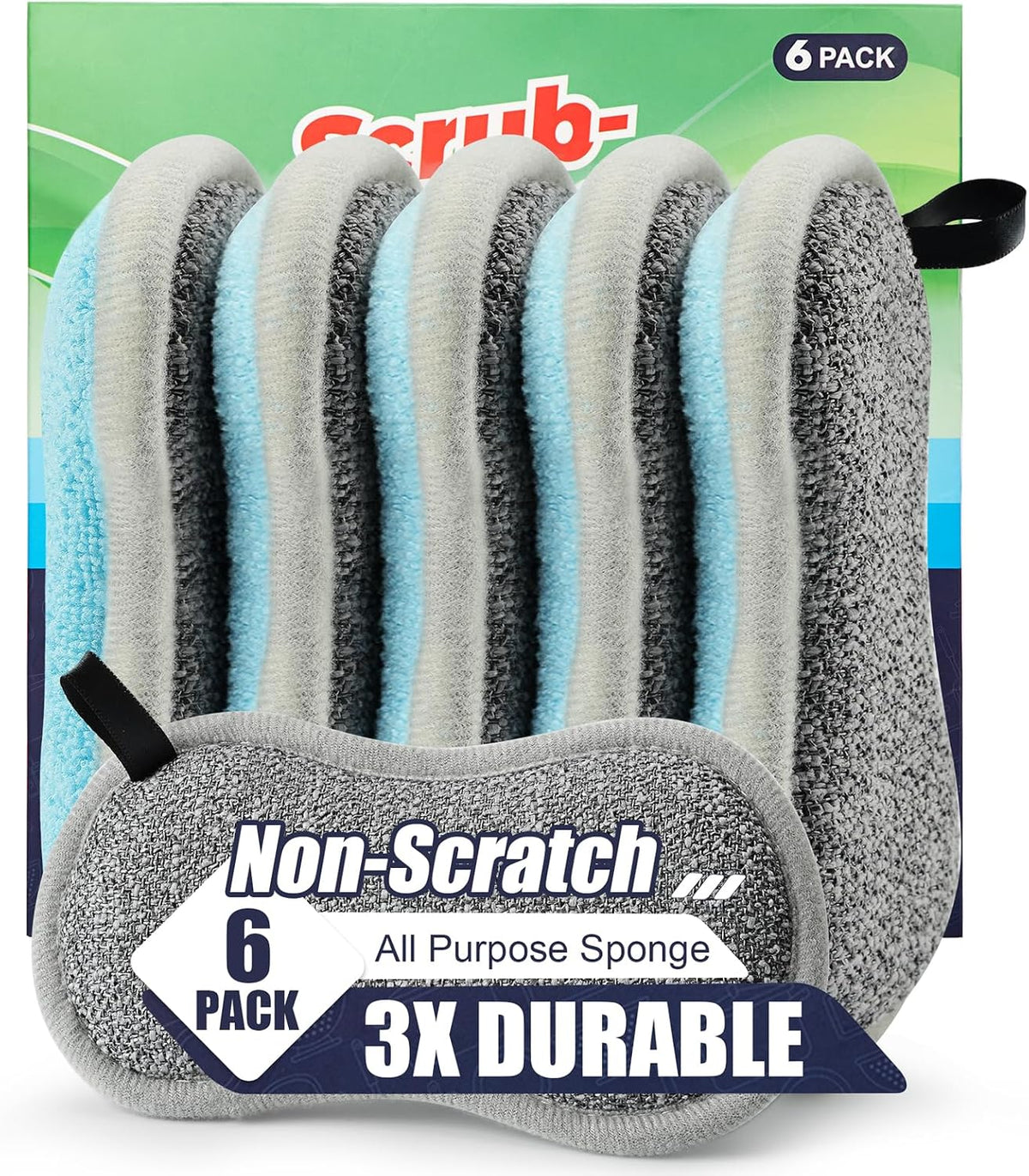Dual Sided All-Purpose Sponges Kitchen,Dish Sponge for Washing Dishes Cleaning Kitchen,Non Scratch,Rough Scrubbers for Non-Stick Cookware, Soft Microfiber Scrub for Dishes(Bule,6Pack)