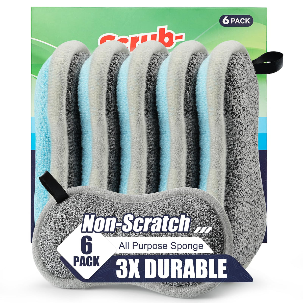 Dual Sided All-Purpose Sponges Kitchen,Dish Sponge for Washing Dishes Cleaning Kitchen,Non Scratch,Rough Scrubbers for Non-Stick Cookware, Soft Microfiber Scrub for Dishes(Bule,6Pack)