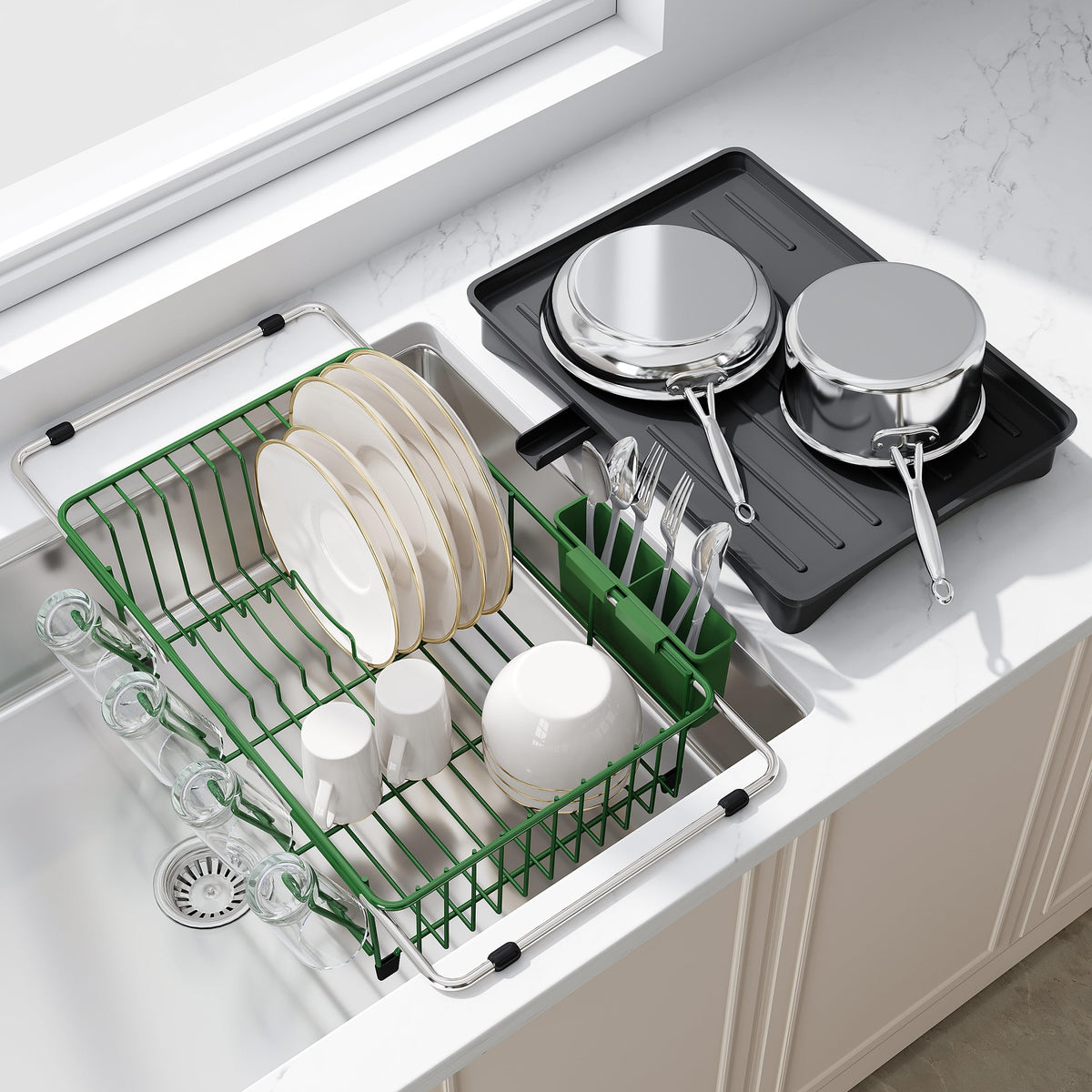 JASIWAY Dish Drying Rack in Sink, Dish Drainer with Cup and Utensil Holder