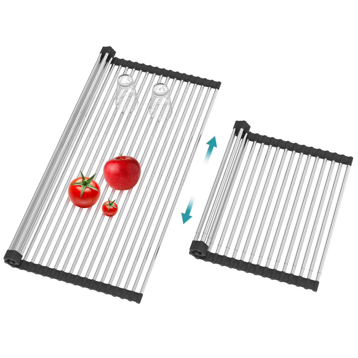 Extra Large Expandable Roll Up Dish Drying Rack,Over The Sink Drying Rack Sink Cover Kitchen Sink Accessories Kitchen Rolling up Stainless Steel Drainer, Foldable,Rollable（Black，22.8''-12.4''）