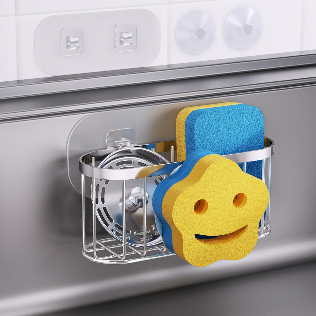 HapiRm Multifunctional Sponge Holder with Unique M-Shaped, 2 Installation Methods Kitchen Sink Caddy Organizer, Rustproof Stainless Steel Kitchen Organizers and Storage Essentials - Black