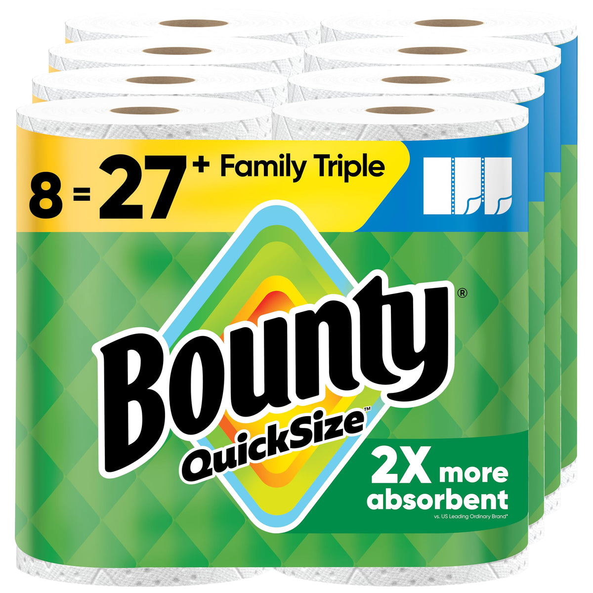 Bounty Paper Towels Quick Size, White, 2 Family Triple Rolls = 6+ Regular Rolls